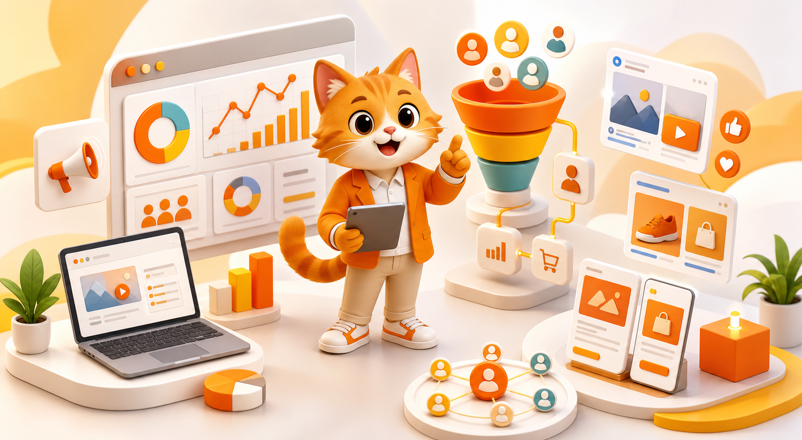 Ilustrasi BizHub dengan maskot orange, dashboard kampanye, funnel pemasaran, dan produk digital.